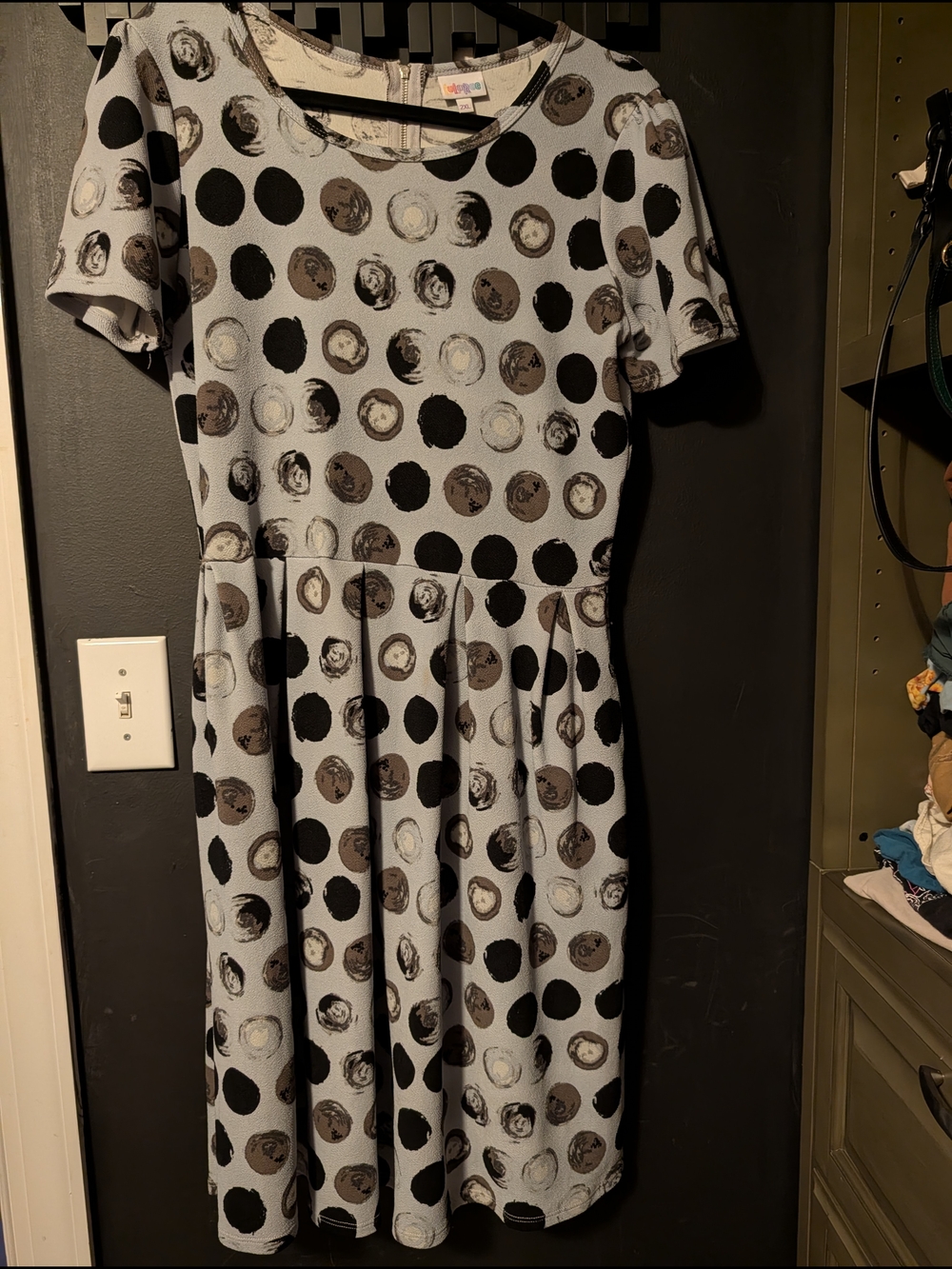 LuLaRoe Light Blue Midi Dress with Black and Brown Polka Dot Print